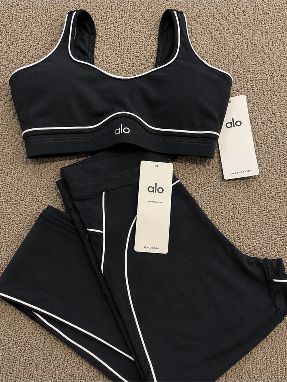 ALO Yoga Black Sports Bra and Leggings with White Piping